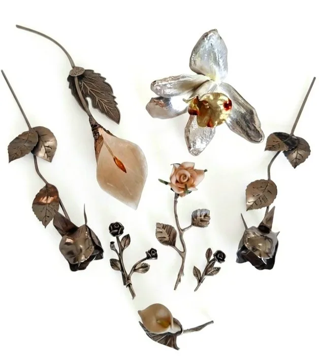 Sculpture, Rose, Calle e Orchidea (set di 8) - 8 cm -.800 silver,.925 silver