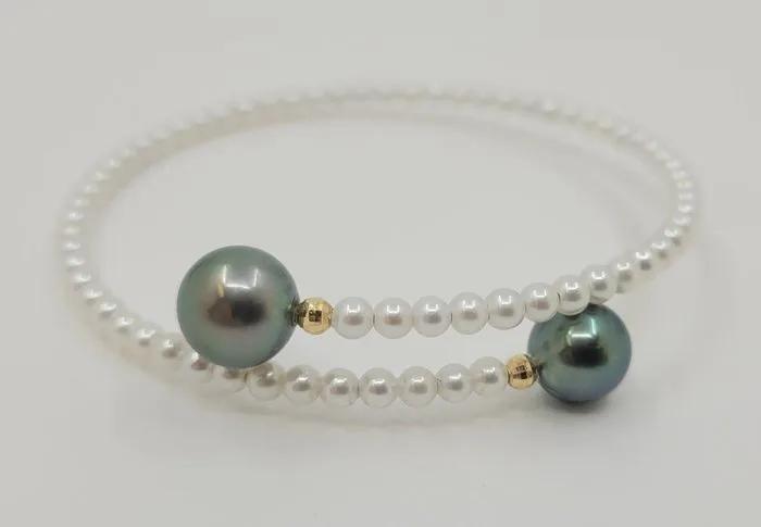 Bracelet - 18 kt. Yellow gold, 9x10mm Peacock Tahiti Pearls - 3x3.5mm Freshwater Pearls