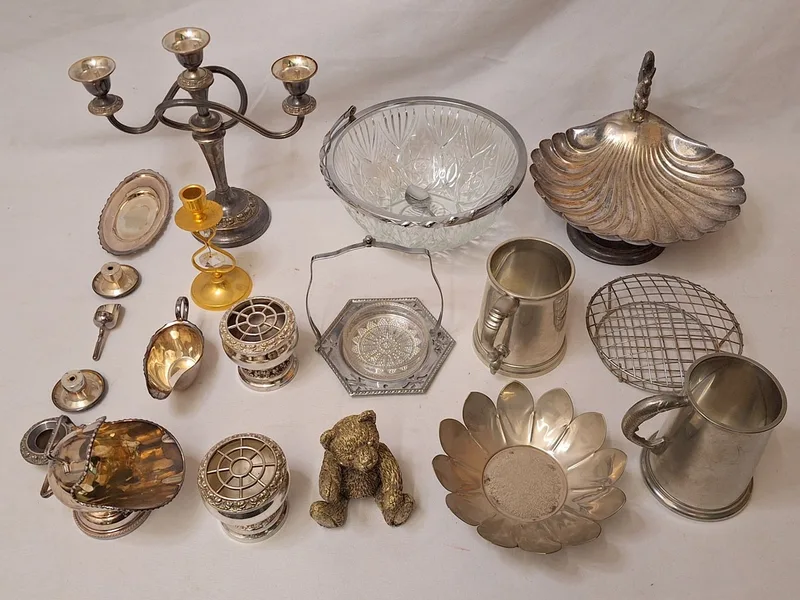 Footed Shell Shaped Dish with squirrel, sugar scuttle & scoop, small silver plated sauceboat & tray, 3 branch candelabrum, 2 pewter tankards
