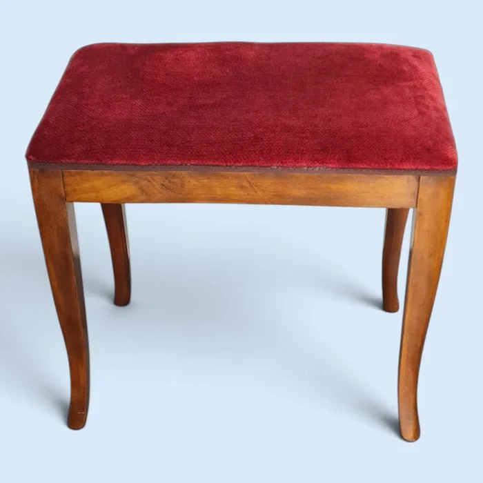 Stool - Vintage wooden stool in Louis XV style, with red velvet upholstery, piano stool, footstool. - Wood