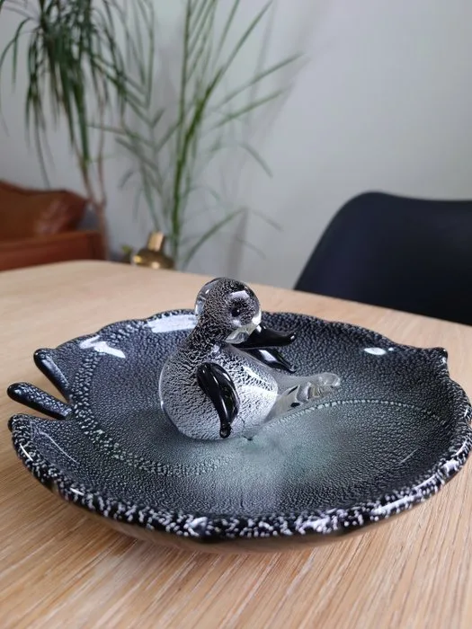 Murano - Figurine - Murano art glass, Murano duck, Murano leaf bowl. silver avventurine flakes. Desing, Art deco (2) - Glass