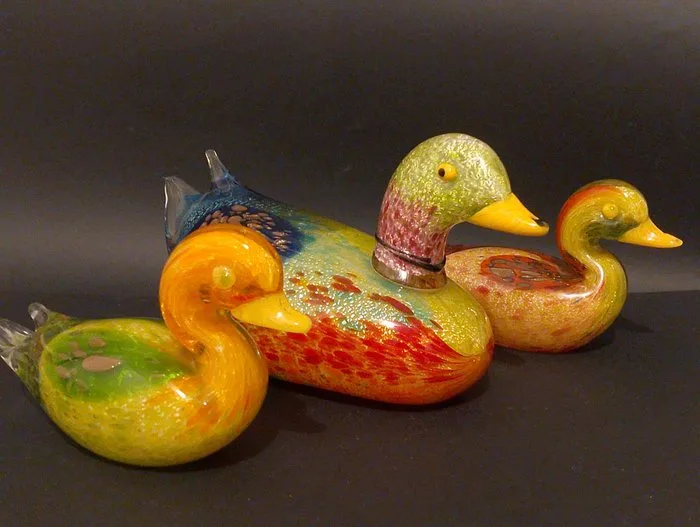 Statuette, Famiglia di Anatre in vetro soffiato - 17 cm - Murano glass, Gold leaf