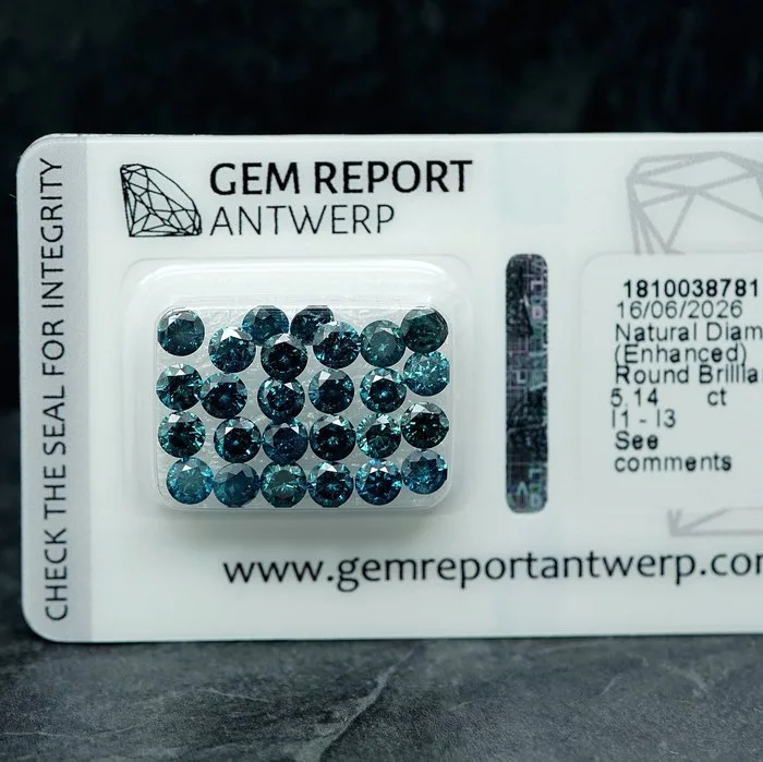 26 pcs Diamond (Colour-treated) - 5.14 ct - Round - Fancy Blue - I1, I3 - Gem Report Antwerp (GRA)