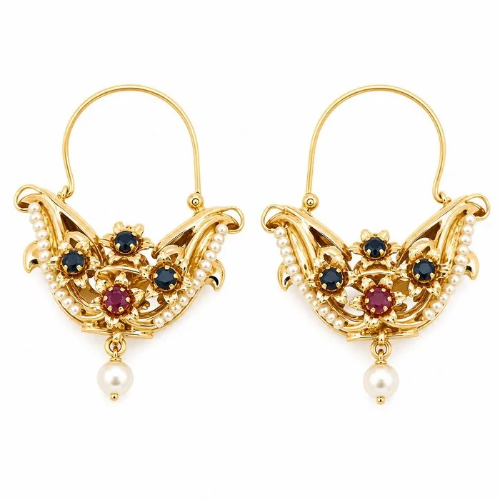 UnoAErre - Earrings - 12 kt. Yellow gold, Pearl - 1.30ct. tw. Sapphire - Ruby - Made in Italy - Handmade