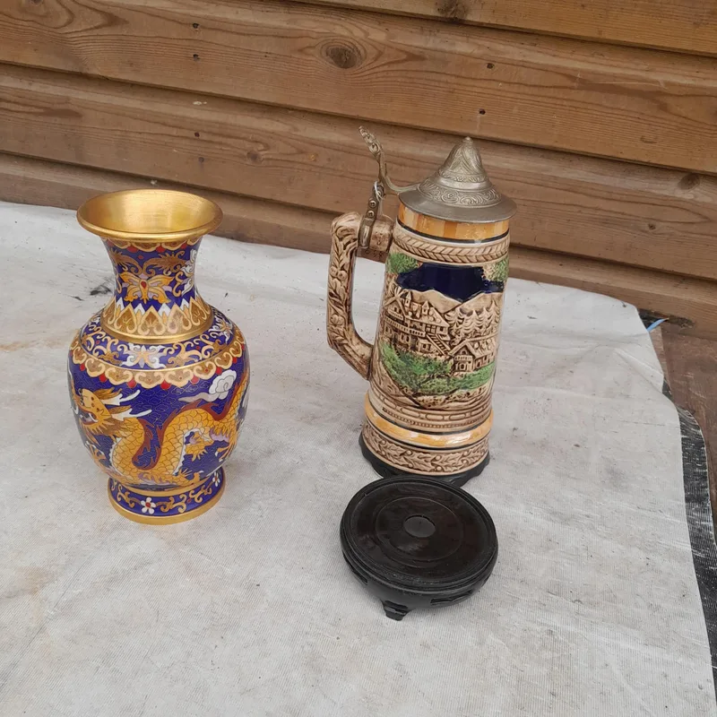 Modern Chinese cloisonne vase and pottery stein tankard