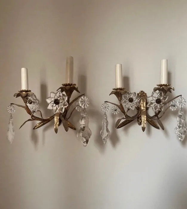 Wall sconce (2) - Pair of French Art Nouveau floral wall sconces from 1920s - Crystal - M