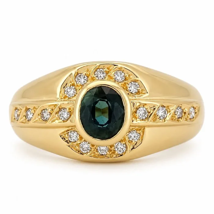 Ring - 18 kt. Yellow gold - 0.92ct. tw. Sapphire - Diamond - Made in Italy - Handmade