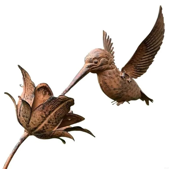 Sculpture, Handcrafted Rustic Metal Hummingbird Garden Stake – Iron Bird & Flower Outdoor Sculpture - 148 cm - Metal, Iron