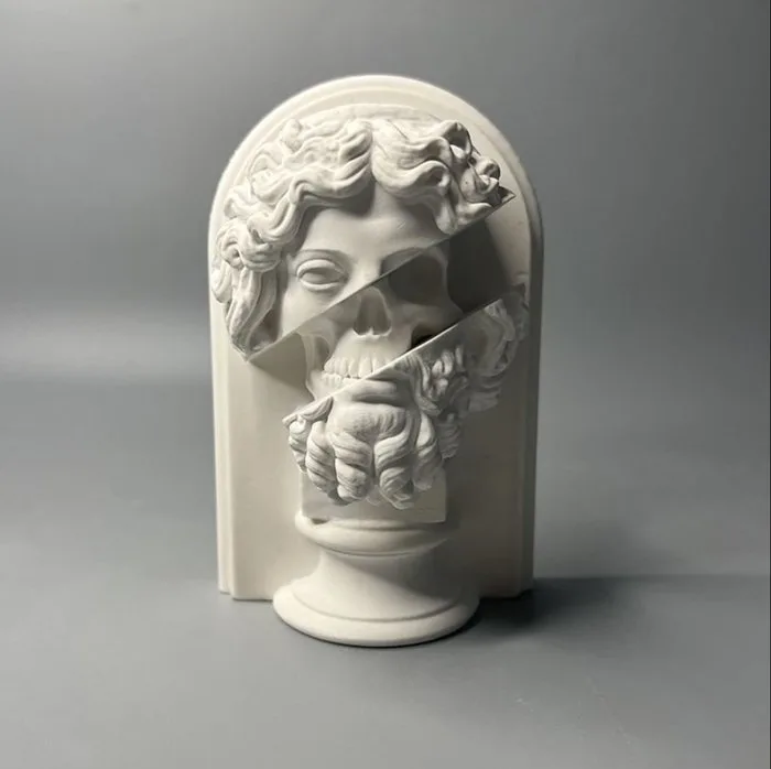 Figure - Modern art sculpture of a split, bust of Zeus with skull and beard - Plaster