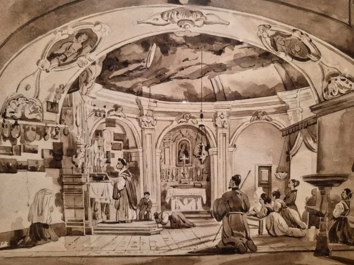 Achille Vianelli (1803-1894) - Interno di chiesa con fedeli