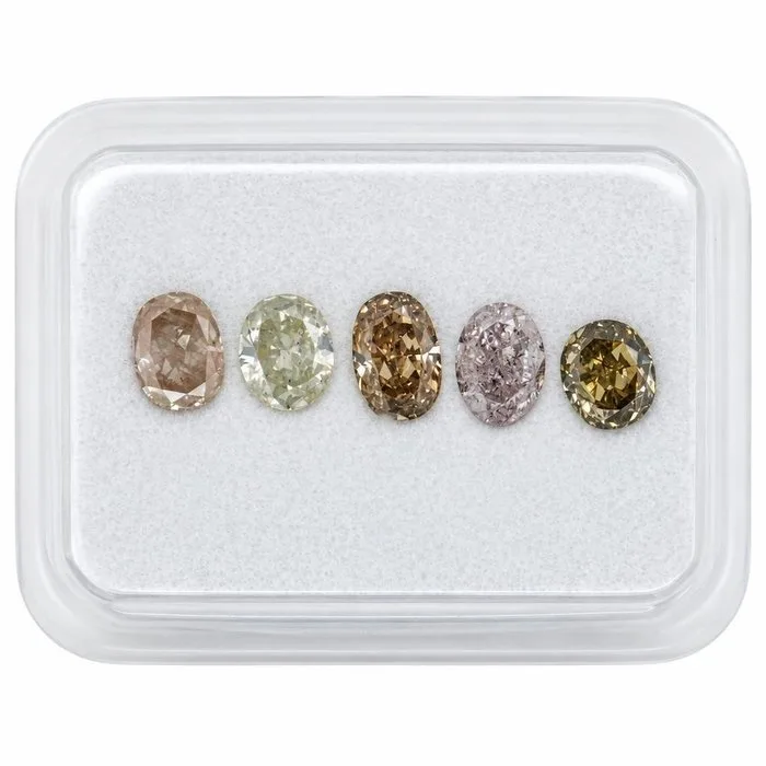 5 pcs Diamond (Natural coloured) - 0.98 ct - Oval - Light, Fancy deep Pinkish, Yellowish, Brownish Mixed colours, Brown, Yellow - VS1, VS2, I2 - Antwerp Laboratory for Gemstone Testing (ALGT)