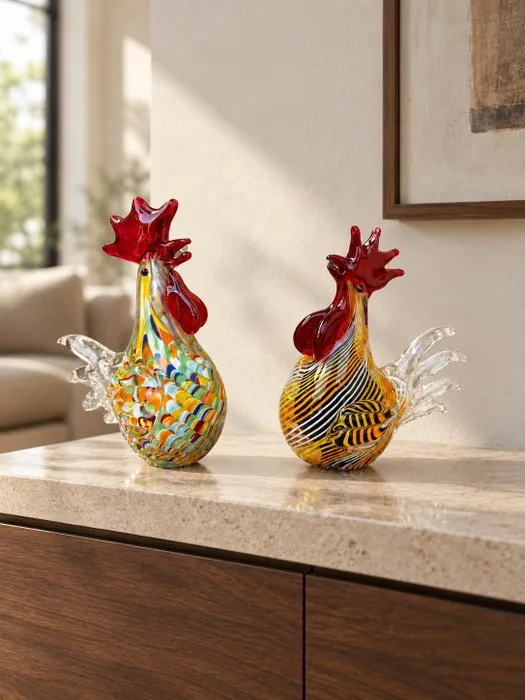 Sculpture, Handgemaakt - Set van 2 kleurrijke glazen hanen – decoratieve glaskunst - 20 cm - Glass