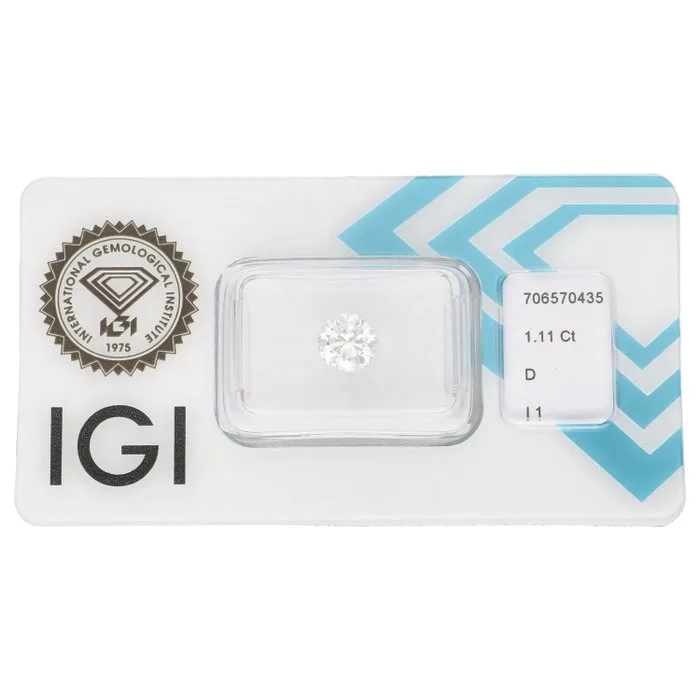 1 pcs Diamond (Natural) - 1.11 ct - Round - D (colourless) - I1 - International Gemological Institute (IGI)