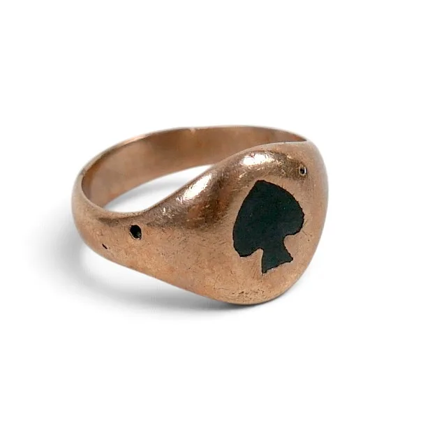 A Gold Signet Ring with Inset with Enamel Spades Card Symbol