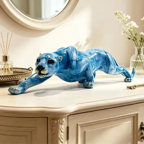 Sculpture, Luxury Blue & Gold Cheetah Sculpture | Glossy Resin Figurine | Contemporary Statement Artwork - 11 cm - Resin