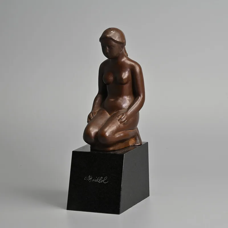 After Aristide Maillol (1861-1944) Bronze Scupture of Female Nude, on Black Stone Base Jeune Fille Agenouillee