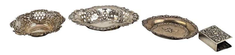 Three Edward VII Hallmarked Silver Bon Bon Dish & a Silver Matchbox Holder