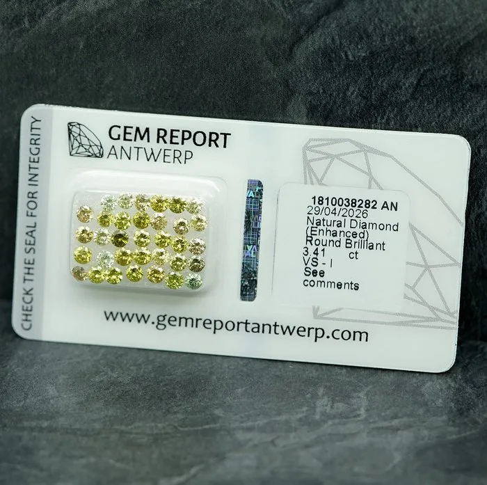 34 pcs Diamond (Colour-treated) - 3.41 ct - Round - Fancy Yellow - VS1, I1 - Gem Report Antwerp (GRA)