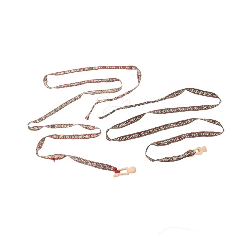 Two Central Asian Tablet-Woven Camel Straps early 20th Century, each narrow band woven with a continuous geometric design in red, ivory and brown