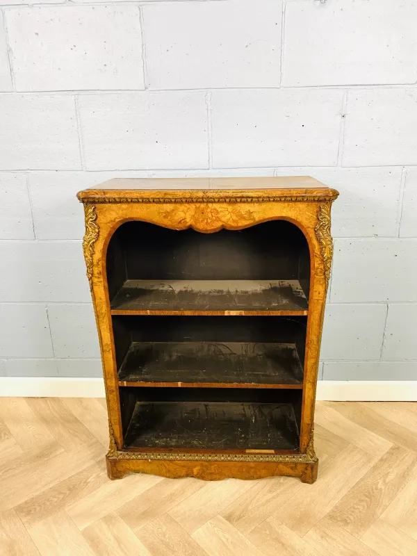 An attractive good quality 19th century Victorian burr walnut open bookcase with marquetry inlaid decoration and ormolu mounts
