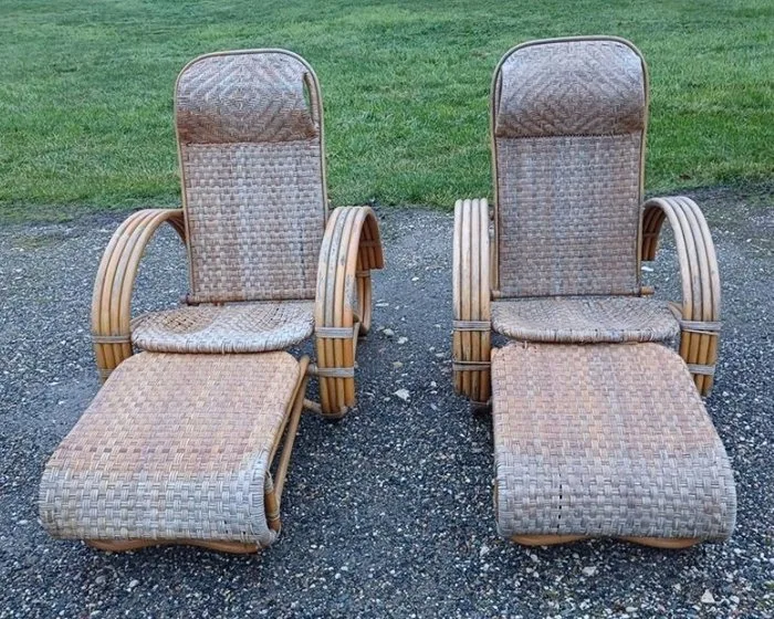 Armchair - Rattan - Pair of Colonial-style rattan lounge chairs