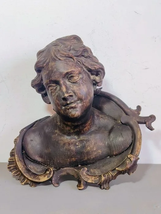 Baroque Style Hand-Carved Wooden Putto / Angel - Sculpture, putto bust, wall bracket ornament - 30 cm - Linden or pine