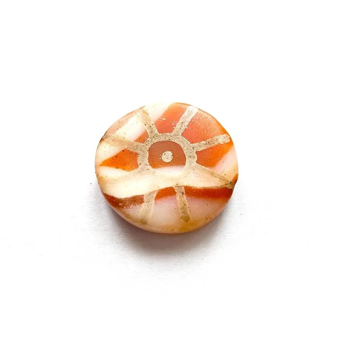 Ancient Burmese, Pyu States Etched Agate Round Bead Talisman with Rising Sun Decor - 24 mm