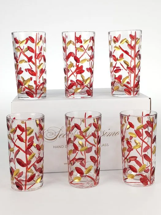 Secoloventesimo - Drinking service (6) - Leaves red 'n' golden glass - Enamel, Crystal - Golden leaves