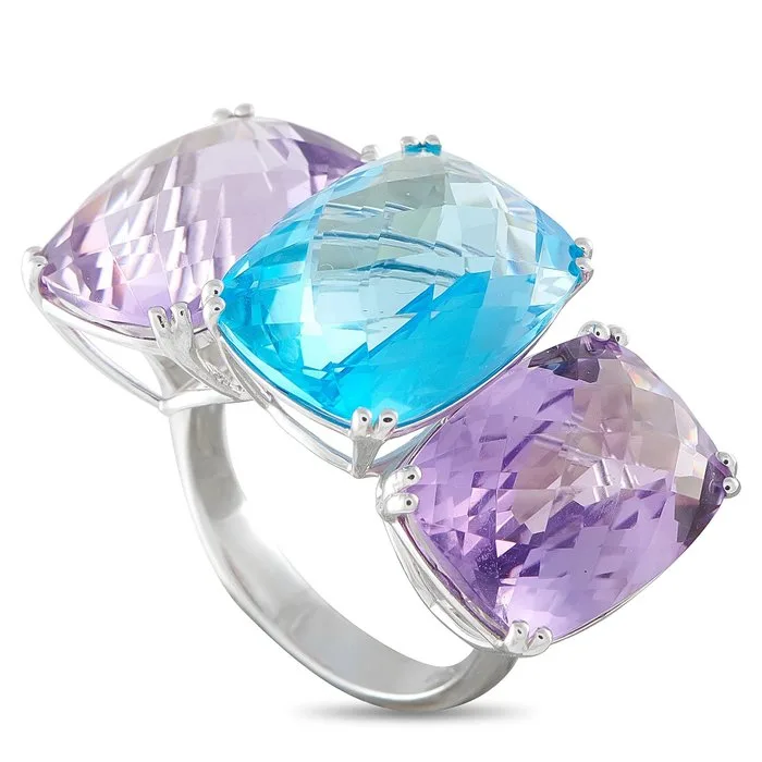 Ring - 18 kt. White gold, 18K White Gold Amethyst and Topaz Three-Stone Ring