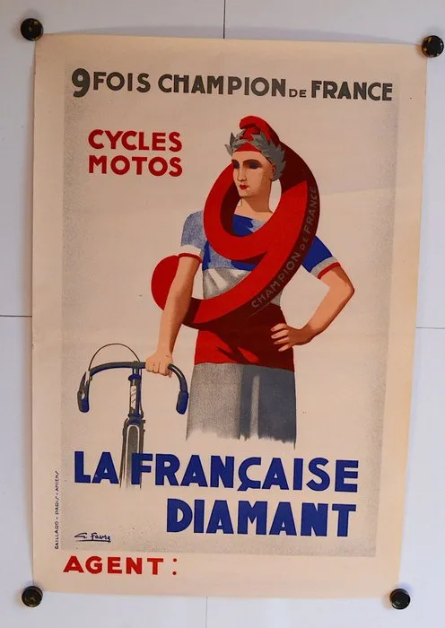 Georges Favre - La Française Diamant - Favre - Affiche Originale - Cycles Vélo Moto - C.1930