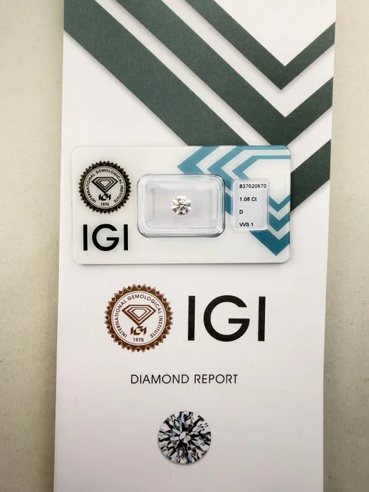 1 pcs Diamond (Natural) - 1.08 ct - Round - D (colourless) - VVS1 - International Gemological Institute (IGI)