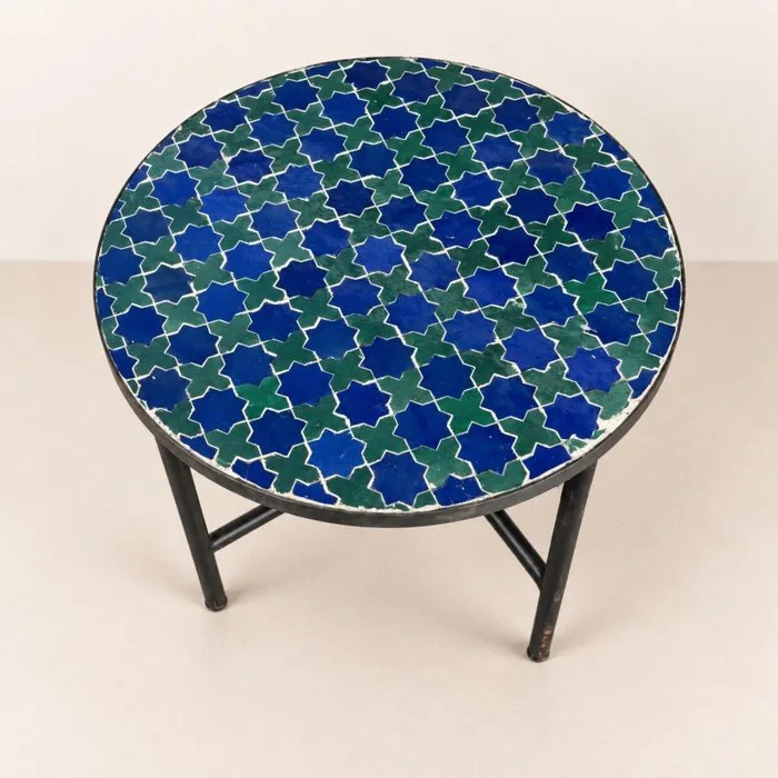 Coffee table - Moroccan Zellige Coffee Table, Handmade Round Mosaic Side Table - Steel, zellige