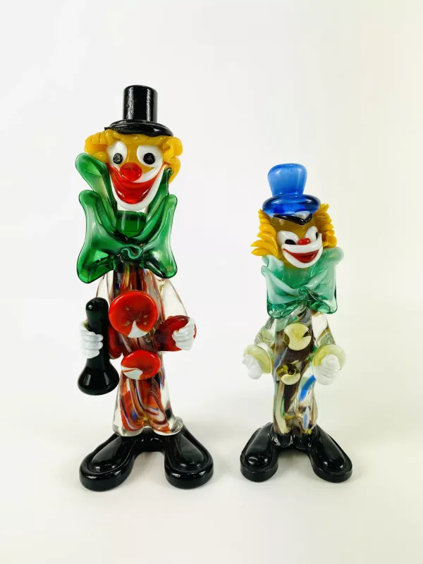 Two Murano art glass clowns. 9.5cms wide x 9cms deep x 26cms high (largest)