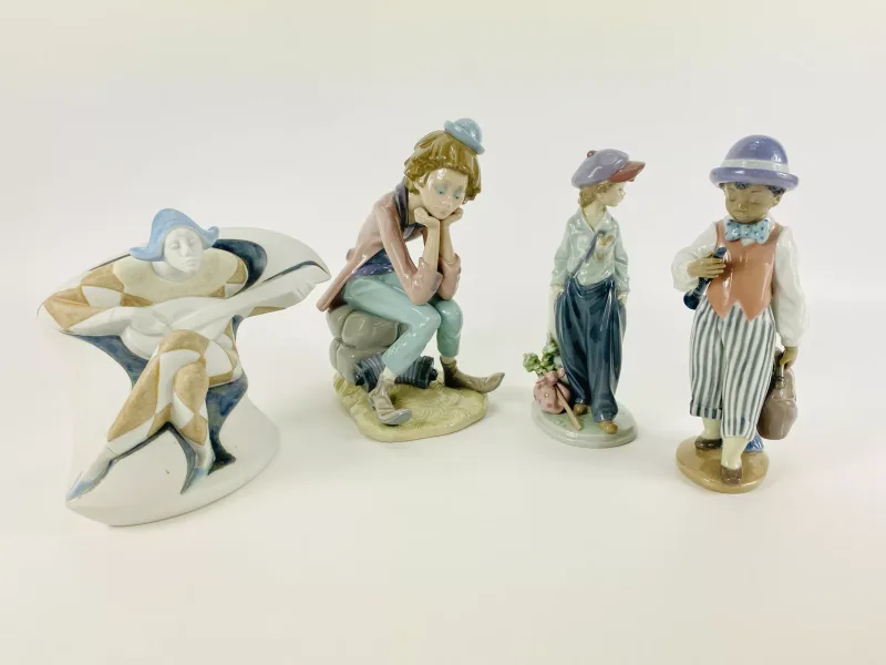 Four items to include a Lladro porcelain figurine 'Clown Thinking', model No.5058 (12.5cms wide x 16.5cms deep x 23.5cms high)