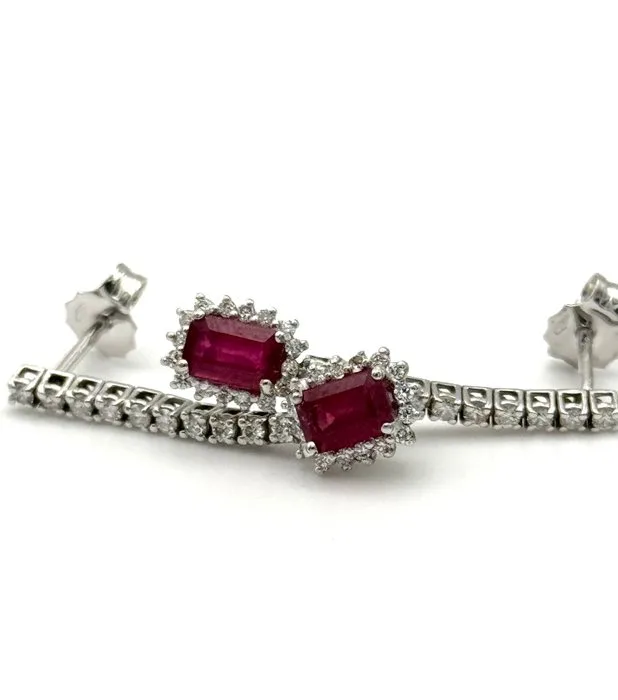 Drop earrings - 18 kt. White gold - 2.20ct. tw. Ruby - Diamond - Length: 3.00 cm