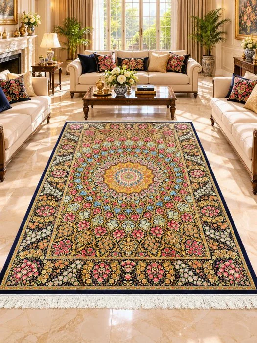 Royal Navy Blue & Golden Floral Garden – Persian Floral Medallion Rug – Hand-finished - 1500 Reeds - Rug - 225 cm - 150 cm - New - Unused