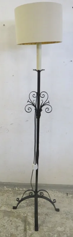 Wrought Iron Floor lamp, in the form of a candle holder, beige shade approx.
