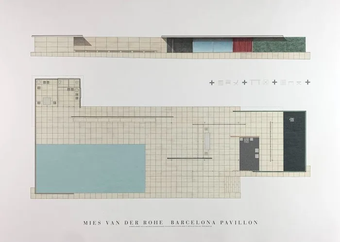 Ludwig Mies van der Rohe - Barcelona Pavillon - Artprint of an Architecture Drawing - 50 x 70 cm