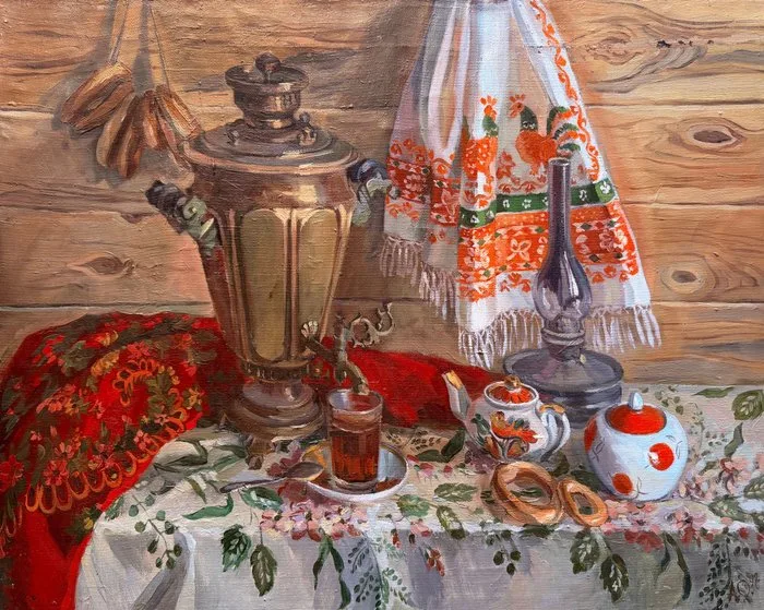 Olga Andreeva (1965) - Le Thé au Samovar – Intérieur Russe Traditionnel