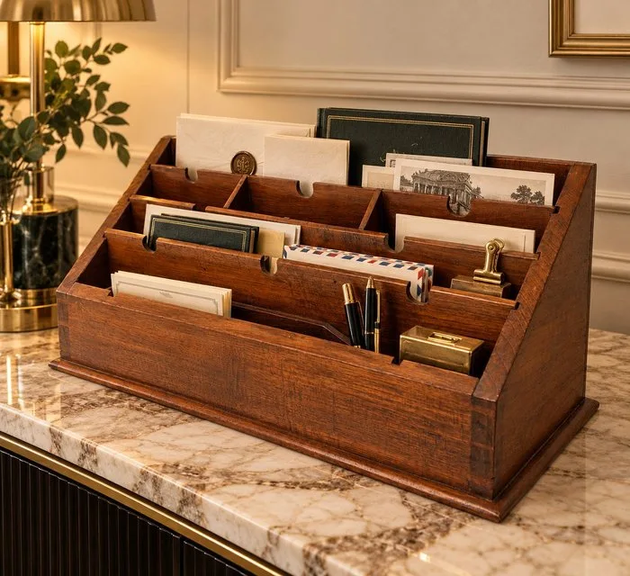 Letter holder - Antique wooden letter holder – desk organizer with compartments - Wood