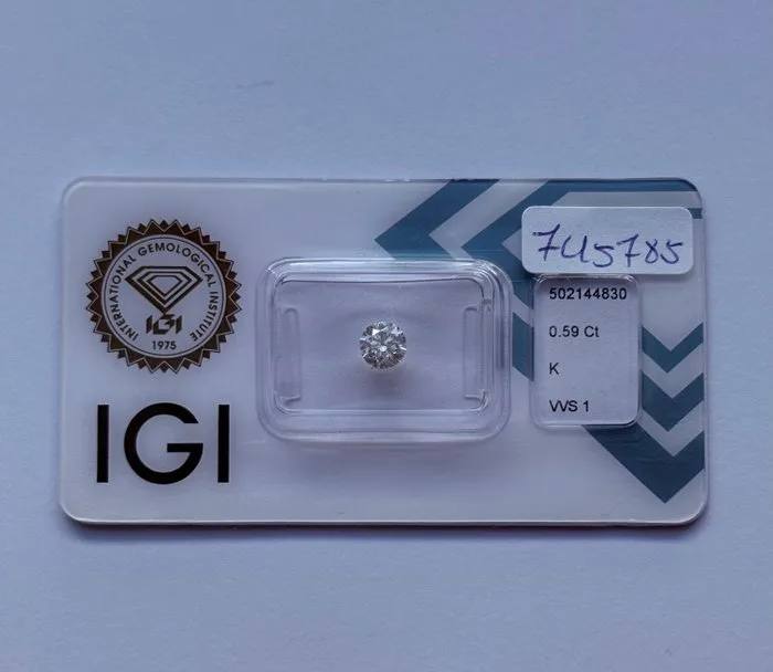 1 pcs Diamond (Natural) - 0.59 ct - Round - K - VVS1 - International Gemological Institute (IGI) - Ex Ex Ex None