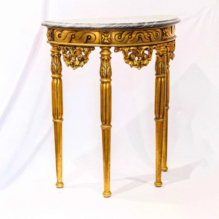 Table - Wood, Marble - Half-moon console table – carved and gilded wood with a gray marble top