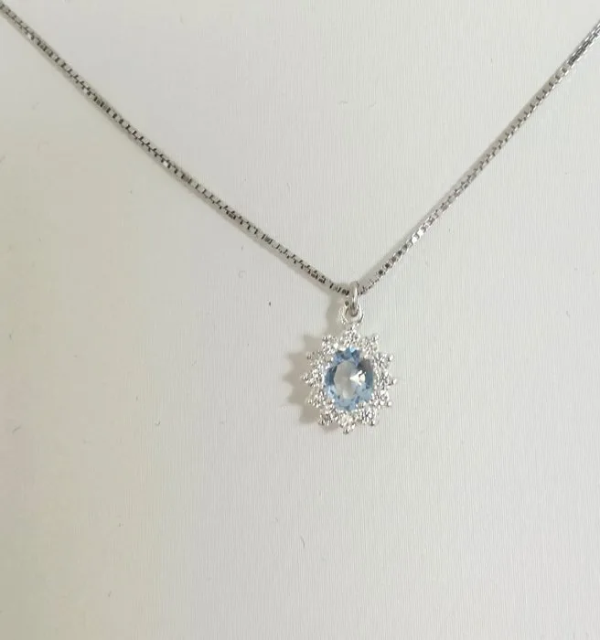 Necklace - 18 kt. White gold Diamond (Natural) - Aquamarine