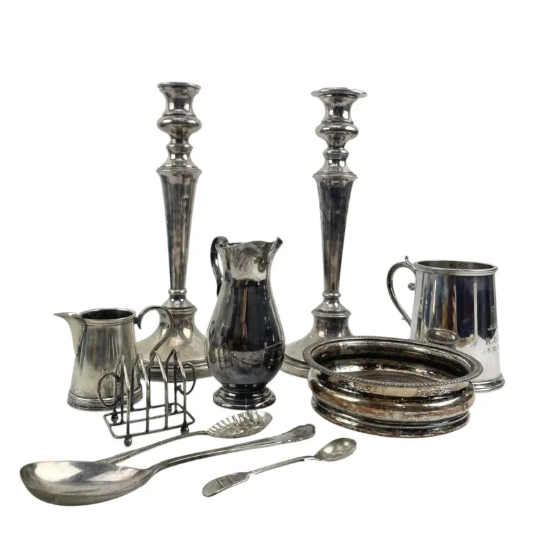 Collection of Silver Plated Items Including a Pair of Large Candlesticks