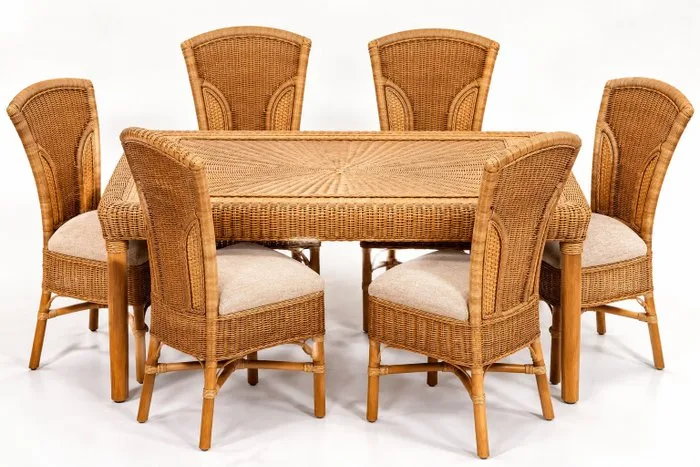 Daro - Table - Rattan, Textile - Rectangular dining table with six chairs