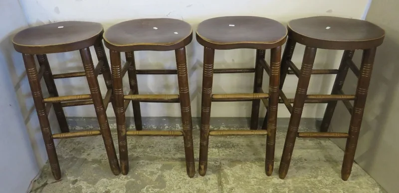 Set of 4 Vintage Oak Bar Stools with saddle seats, horizontal stretchers approx.