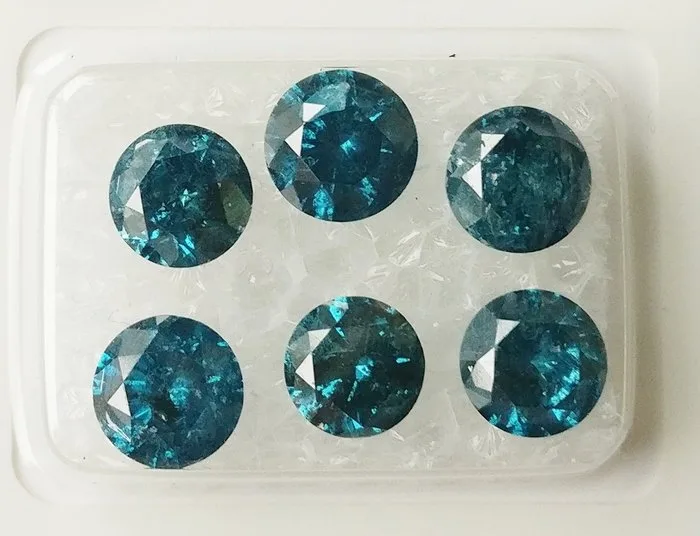 6 pcs Diamond (Colour-treated) - 5.02 ct - Round - I1 - Gem Report Antwerp (GRA) - Fancy To Fancy Intense Blue I1-I3