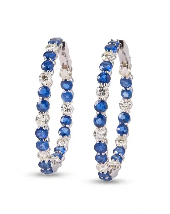 Hoop earrings - 14 kt. White gold - 8.69ct. tw. Sapphire - Diamond - Blue Gemstone Earrings