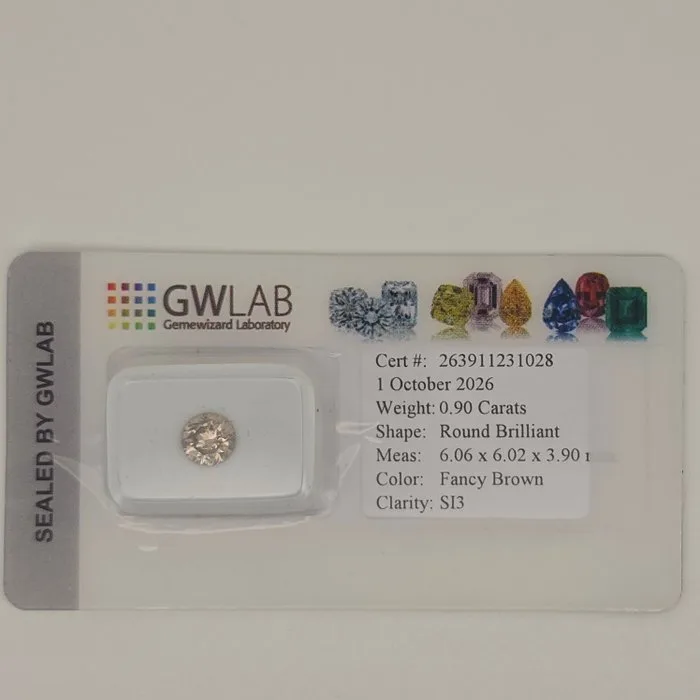 1 pcs Diamond (Natural coloured) - 0.90 ct - Round - Fancy Brown - SI3 - Gemewizard Gemological Laboratory (GWLab)