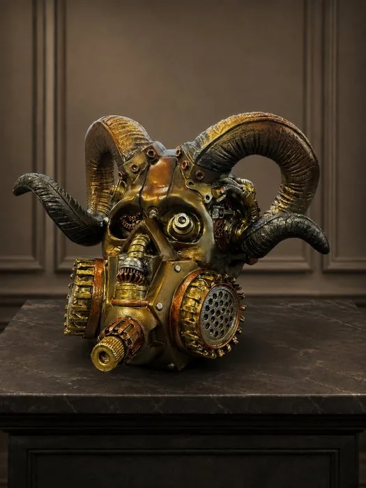 Sculpture, Steampunk Ram Skull – Mechanisch Gasmasker met Hoorns – Industrial Gothic Sculpture - 12.8 cm - Resin